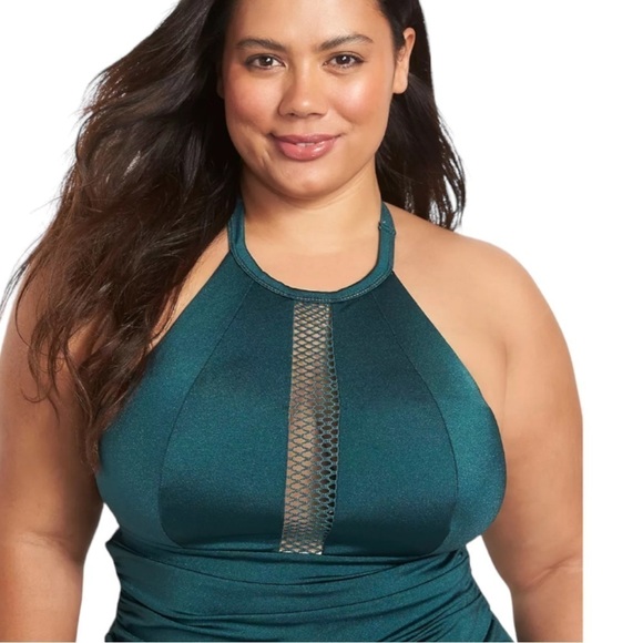 Lane Bryant Fitted Shimmer No-Wire Fisnet-Trim Swim Tankini Sea Foam Size 24 - Picture 2 of 4